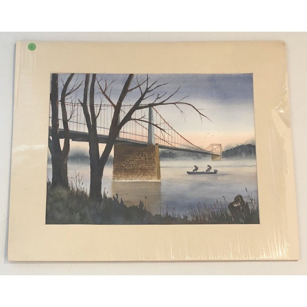 24"x20" Original Matted Watercolor PAINTING River Bridge by JOYCE GILBERT 1985